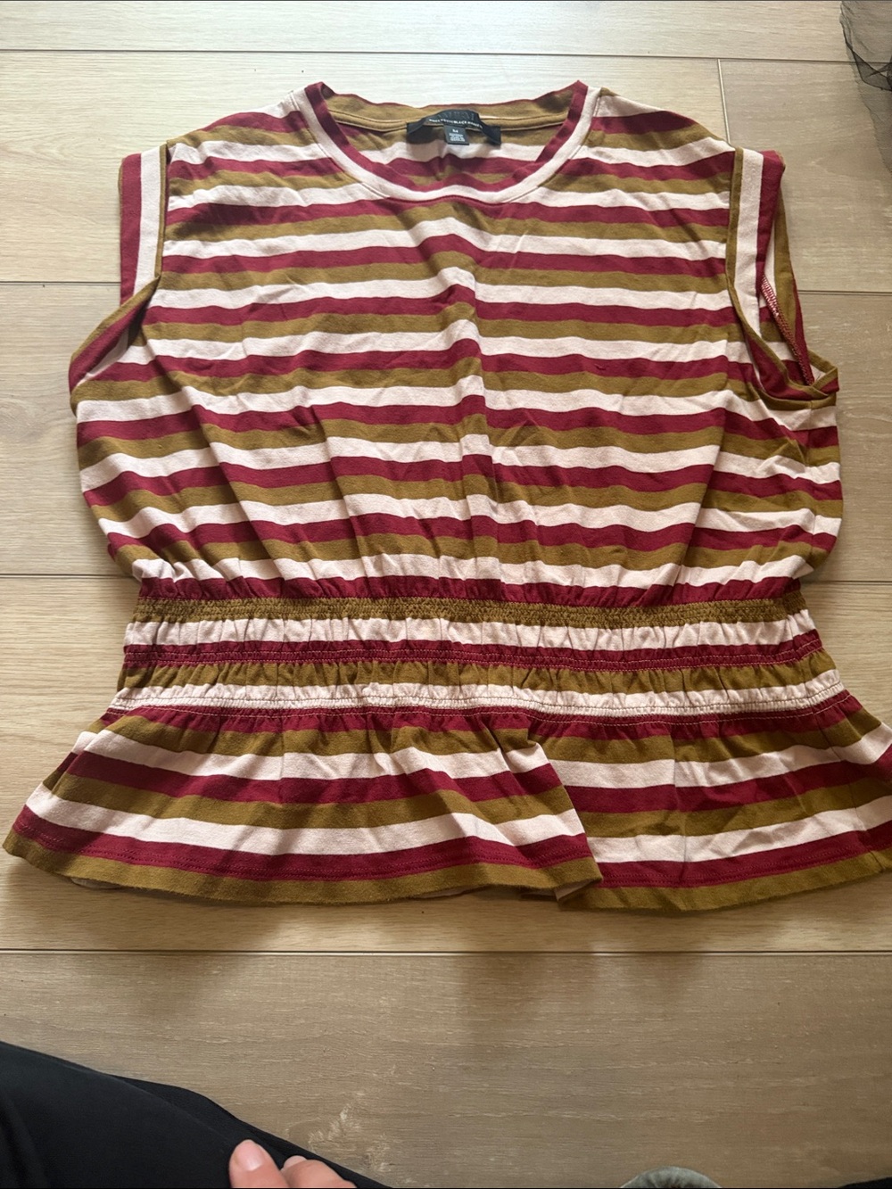 Striped Sleeveless Peplum Top - Burgundy, Olive & Cream